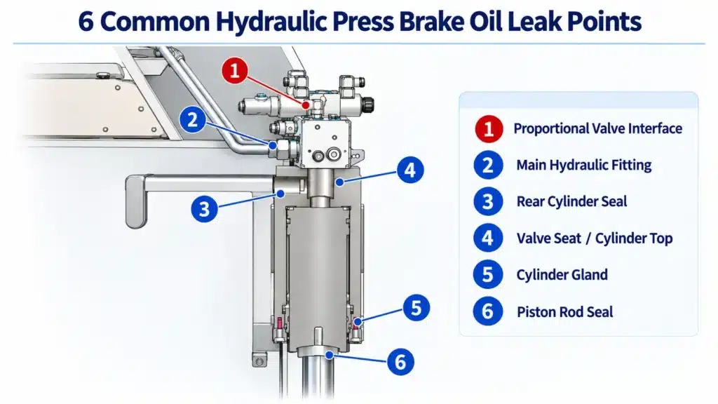 Six common hydraulic press brake oil leak points including valve block, fittings, cylinder gland and piston rod seal
