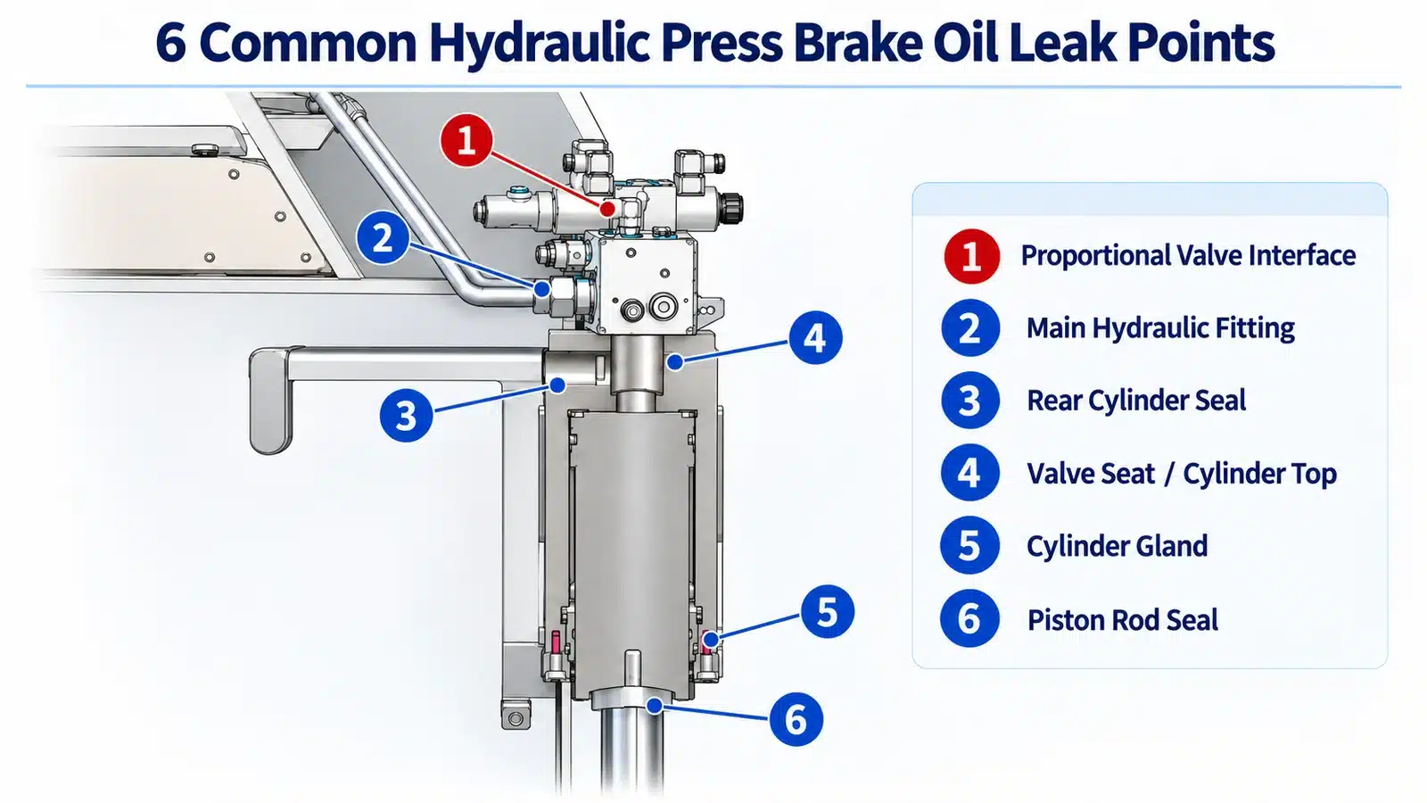 Six common hydraulic press brake oil leak points including valve block, fittings, cylinder gland and piston rod seal